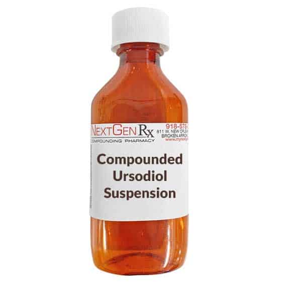 bottle of compounded ursodiol suspension for dogs
